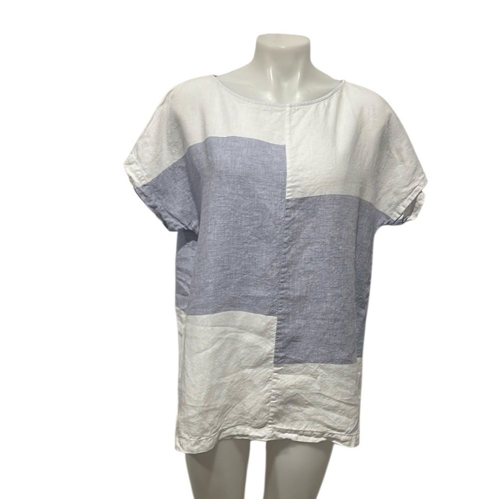 J.Jill love linen short sleeve white with blue block top size Medium
